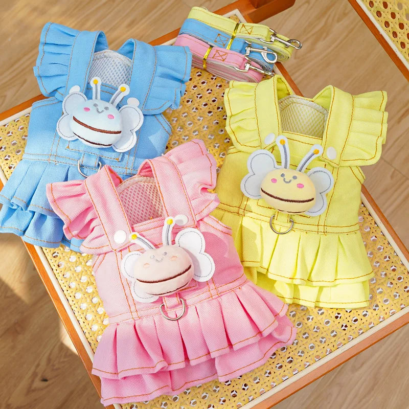 Hundsele Med Jeansklänning Och Koppel – Rosa, Blå Eller Gul