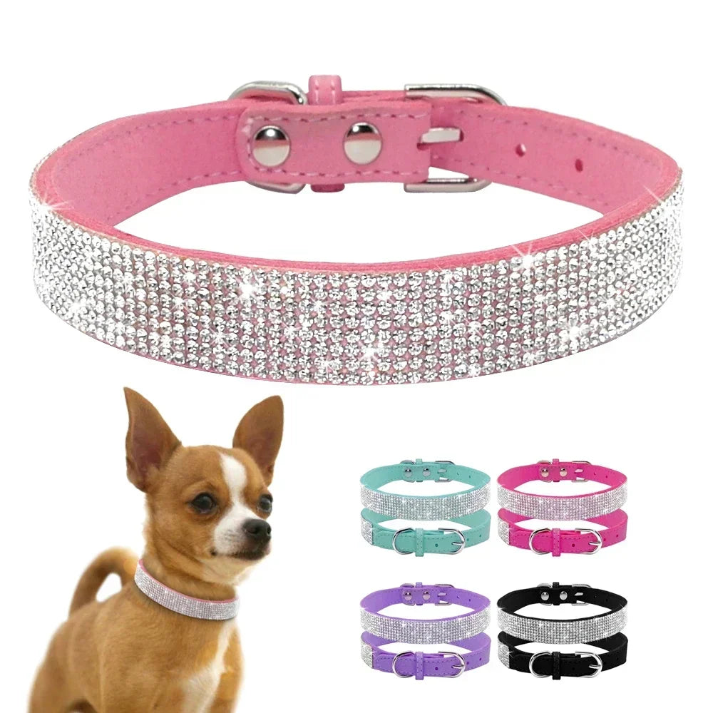 Bling Hundhalsband i Mjuk Mocka Immitation – Justerbart & Glittrande med Strass för Hund & Katt