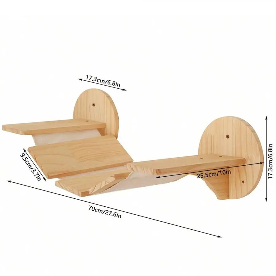 Vägghylla för Katt – Klätterhylla i Trä med Hängmatta och Bro