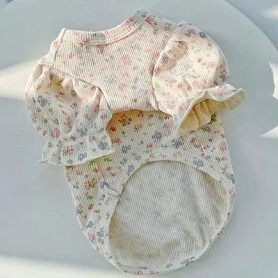 mjuk blommig bomullströja med puffärm till hund