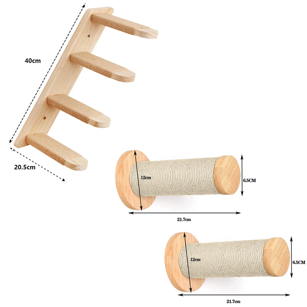 Vägghylla för Katt – Klätterhylla i Trä med Hängmatta och Bro