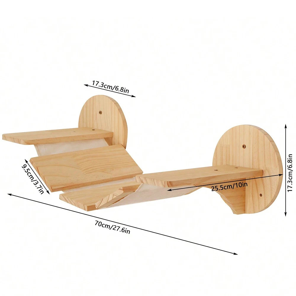 Vägghylla för Katt – Klätterhylla i Trä med Hängmatta och Bro