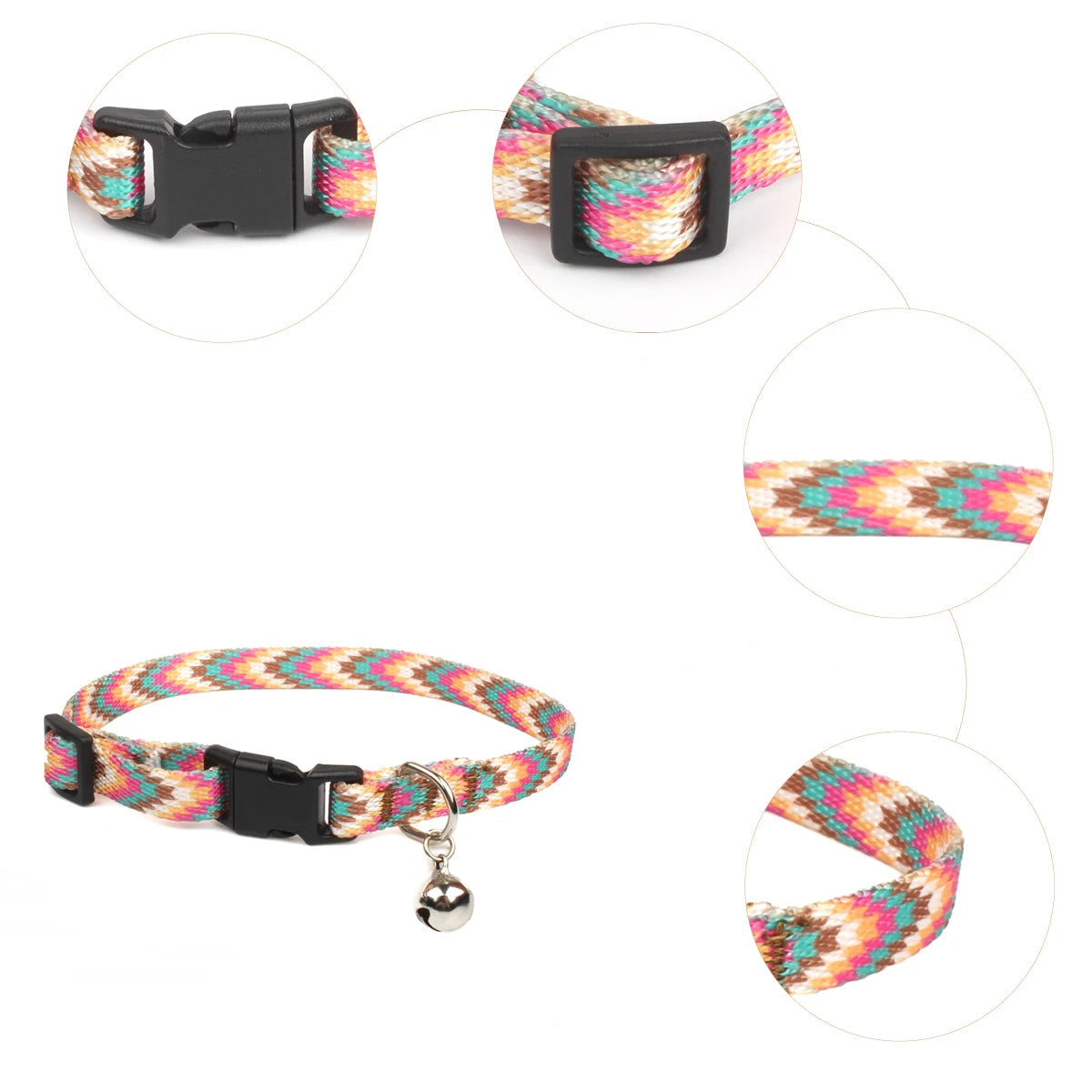 Färgglatt Justerbart Katthalsband i Slitstark Nylon med Bjällra – Lätt och Bekvämt