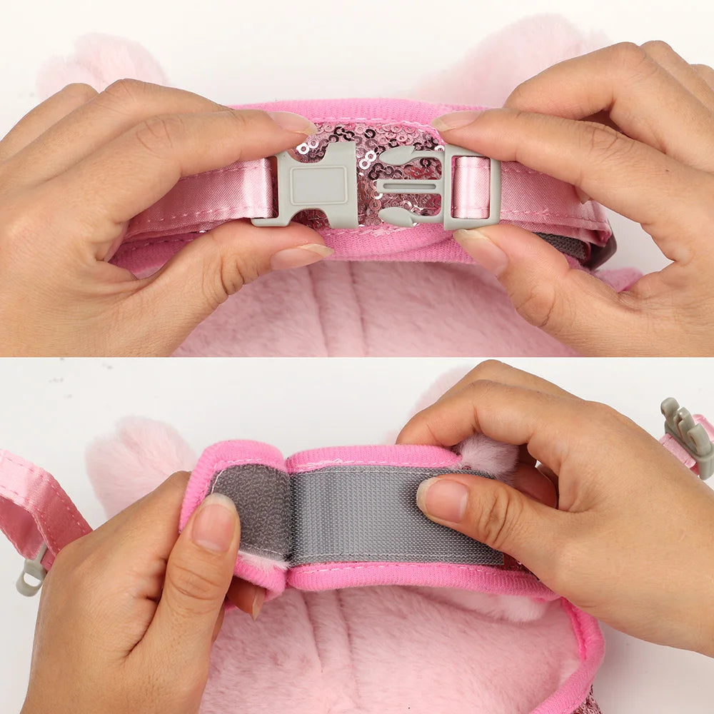 Exklusiv Sele och Koppel för Hund och Katt – Vintersele med Fuskpäls, Paljetter och Rosett