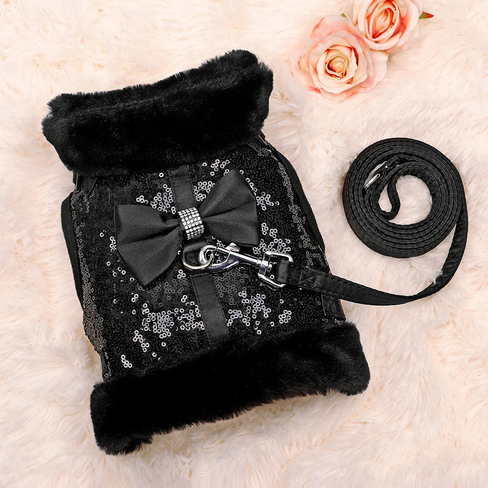 Exklusiv Sele och Koppel för Hund och Katt – Vintersele med Fuskpäls, Paljetter och Rosett
