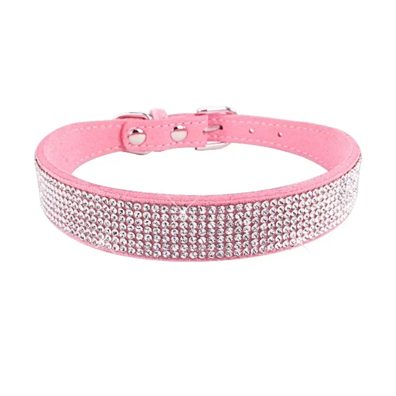 Bling Hundhalsband i Mjuk Mocka Immitation – Justerbart & Glittrande med Strass för Hund & Katt
