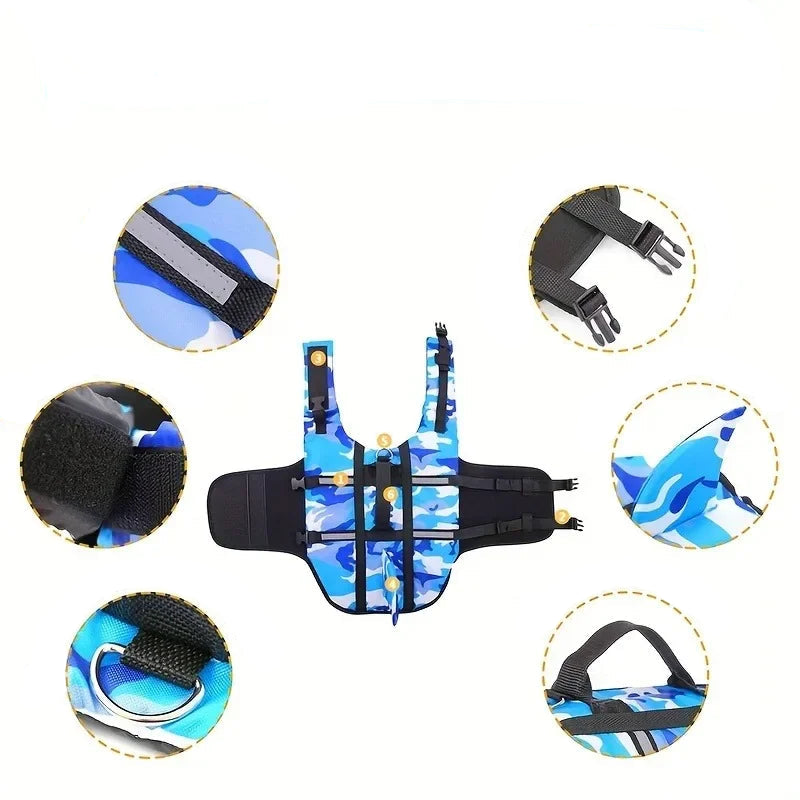 Hundflytväst Hajdesign med Handtag och Hög Flytkraft