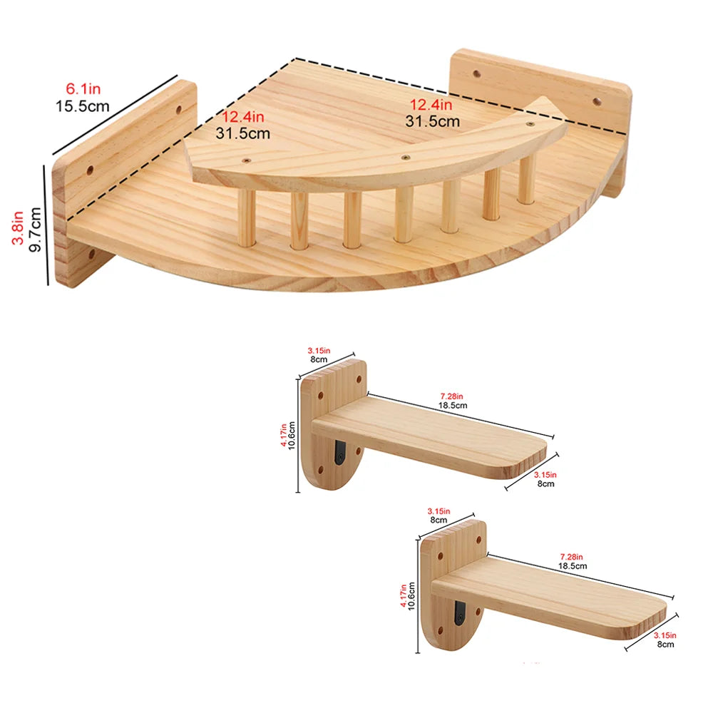Vägghylla för Katt – Klätterhylla i Trä med Hängmatta och Bro