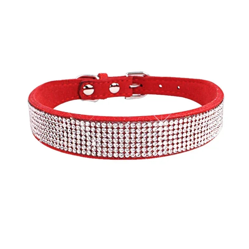 Bling Hundhalsband i Mjuk Mocka Immitation – Justerbart & Glittrande med Strass för Hund & Katt