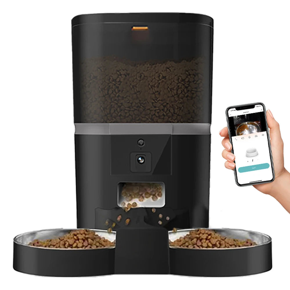 Smart Automatisk Foderautomat 4L för Katt & Liten Hund – Kamera, Röstinspelning & Dubbel Skål