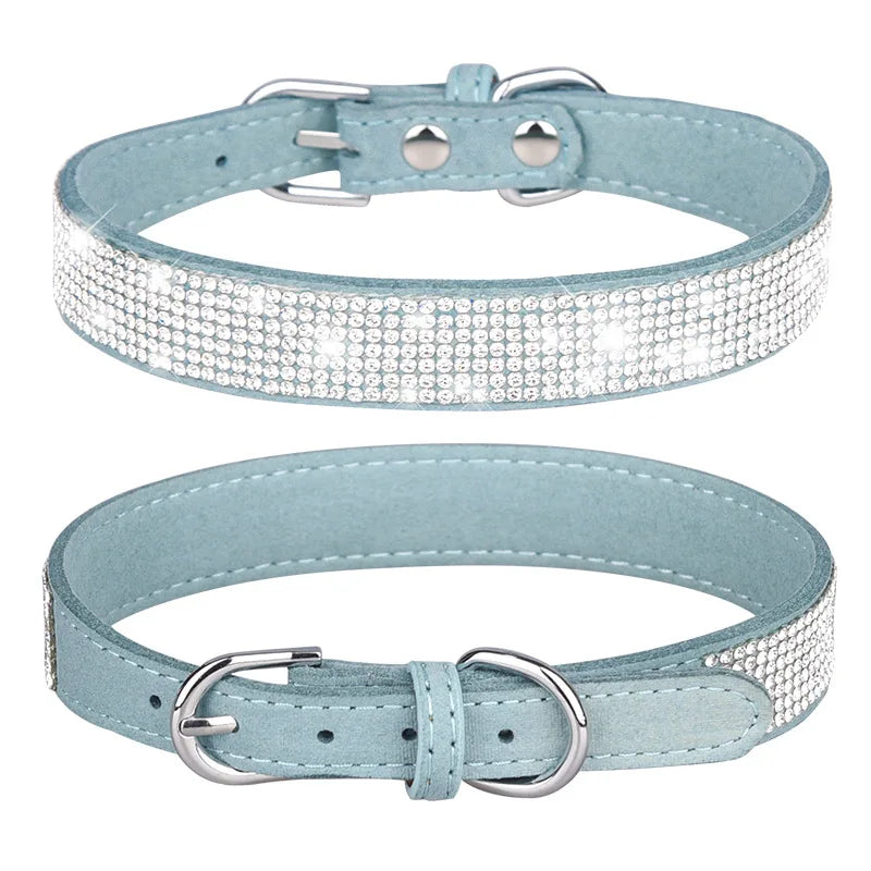 Bling Hundhalsband i Mjuk Mocka Immitation – Justerbart & Glittrande med Strass för Hund & Katt