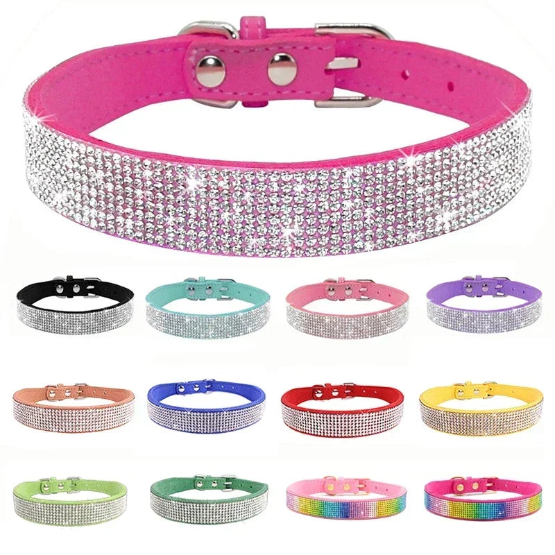 Bling Hundhalsband i Mjuk Mocka Immitation – Justerbart & Glittrande med Strass för Hund & Katt