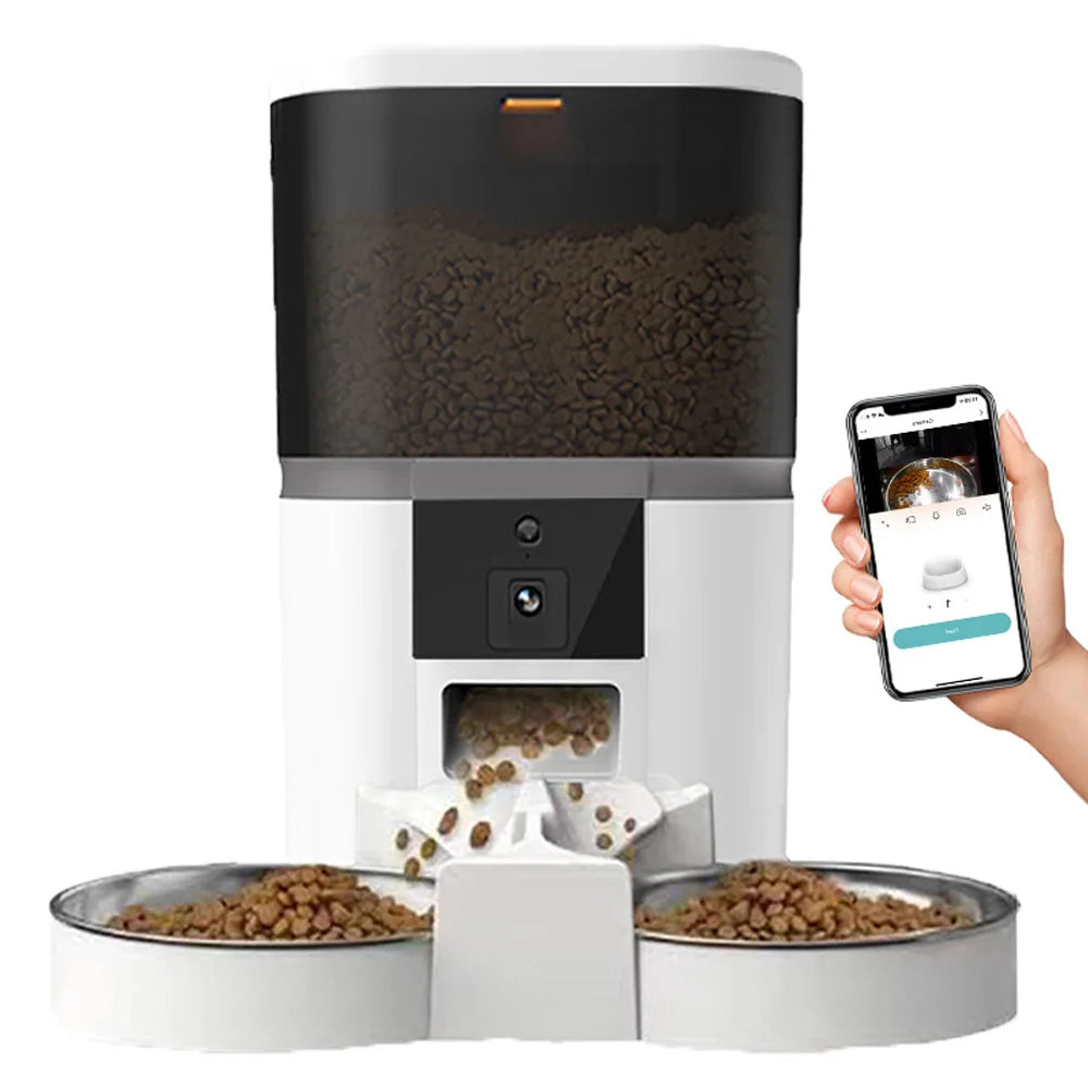 Smart Automatisk Foderautomat 4L för Katt & Liten Hund – Kamera, Röstinspelning & Dubbel Skål