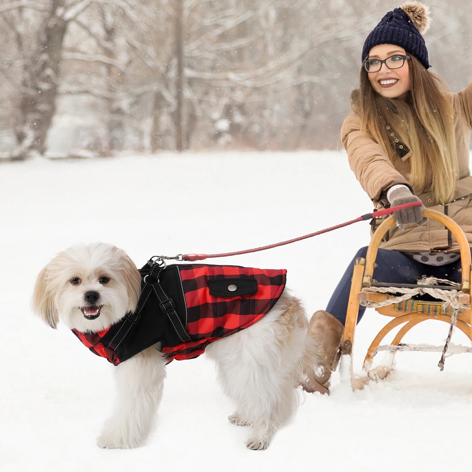 vinterjacka med sele hund varm vind vattentålig reflexer ryggdragkedja