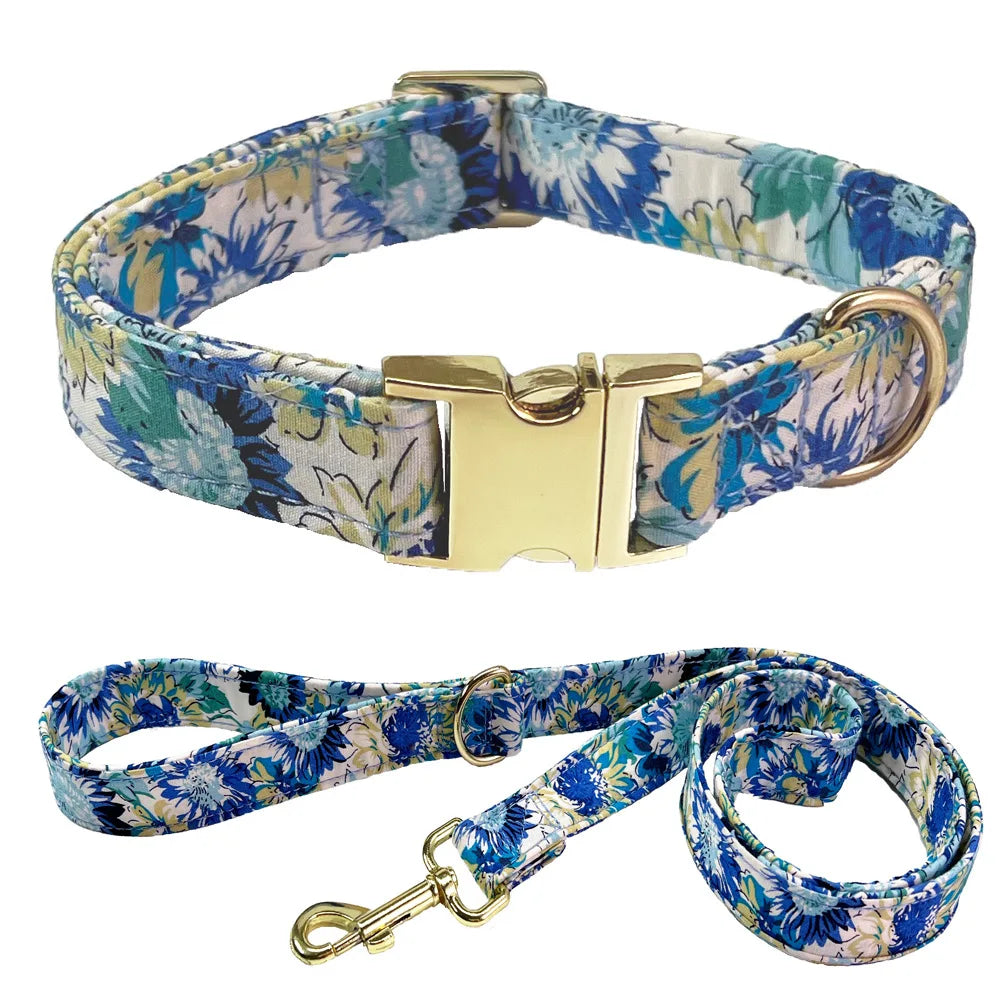 Exklusivt Blommigt Halsbandsset med Rosett & Koppel för Hund
