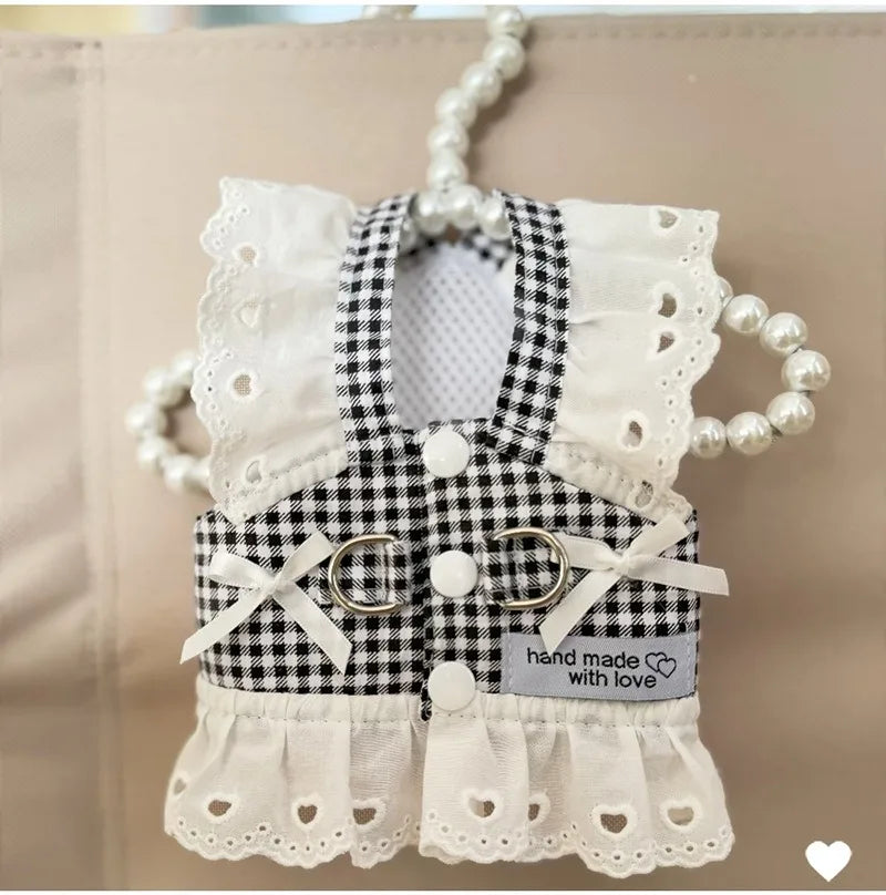 Svart Rutig Retro Hundklänning med Sele och Spets