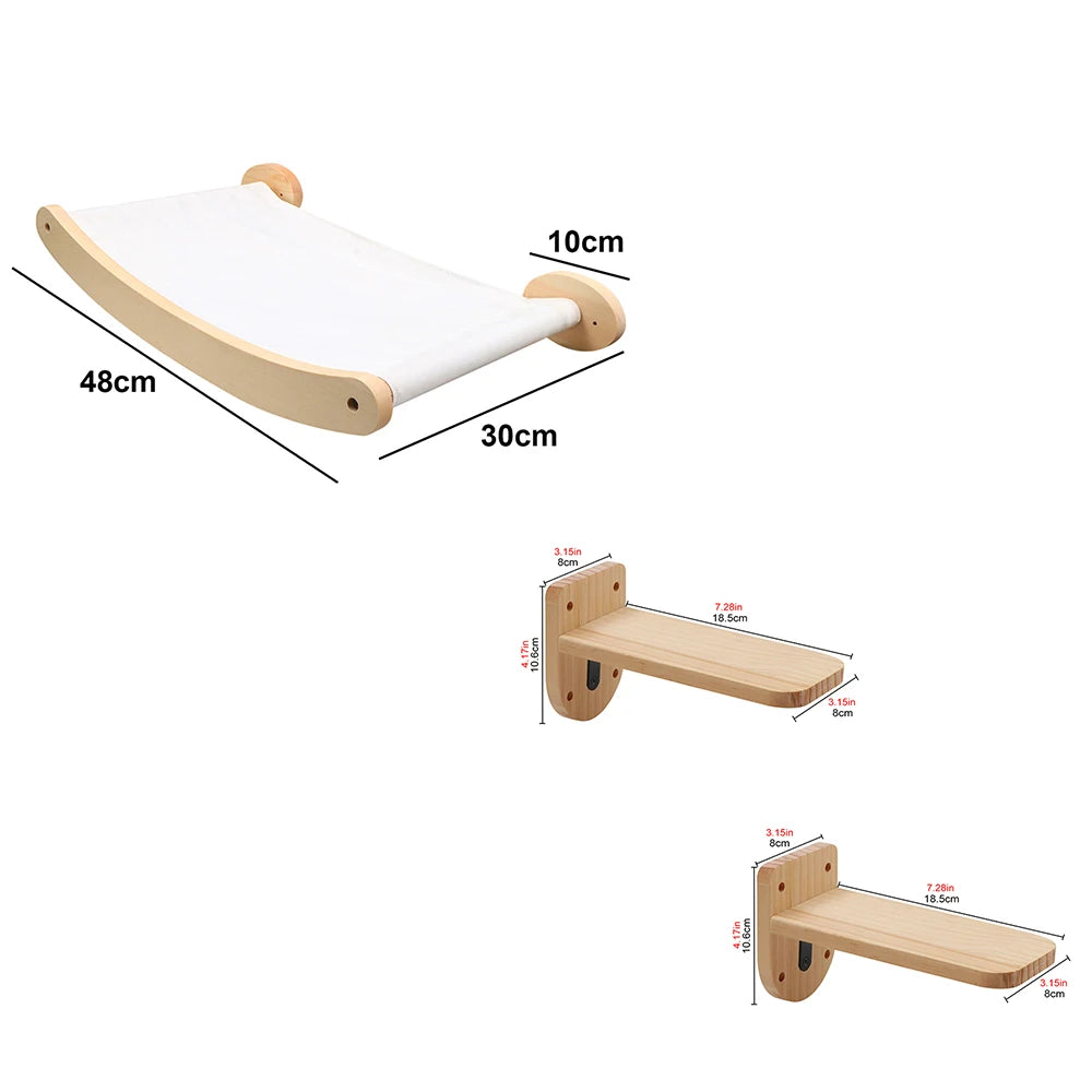 Vägghylla för Katt – Klätterhylla i Trä med Hängmatta och Bro