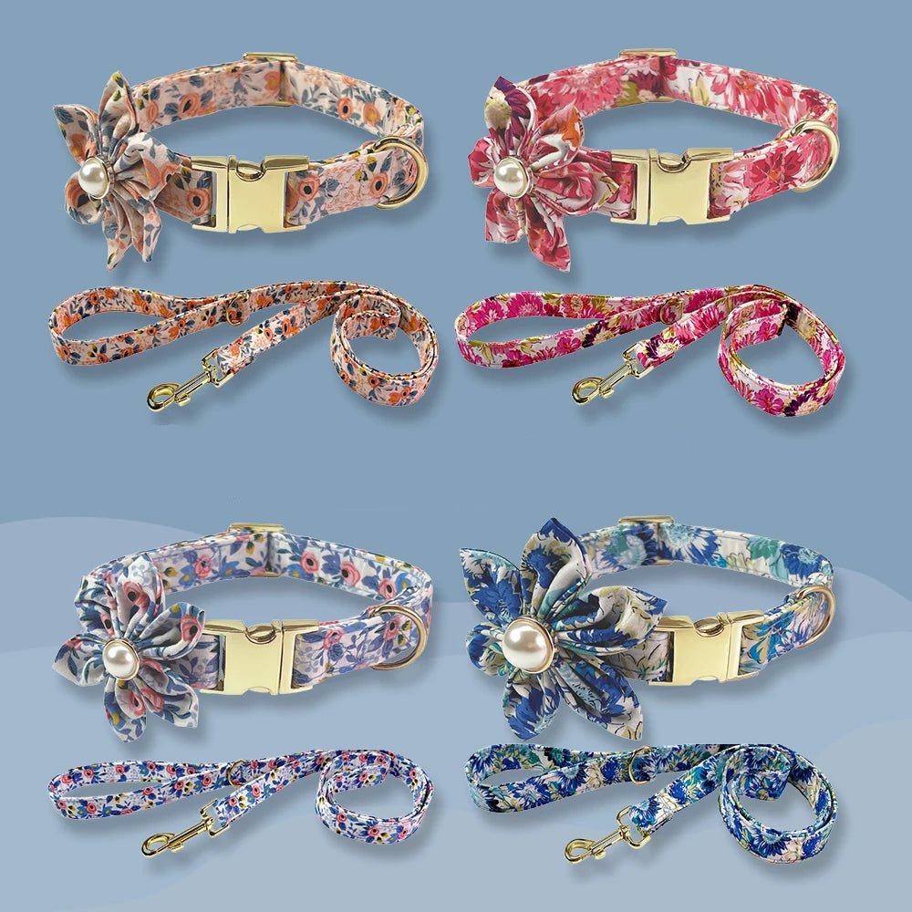exklusivt blommigt halsbandsset med rosett och koppel för hund