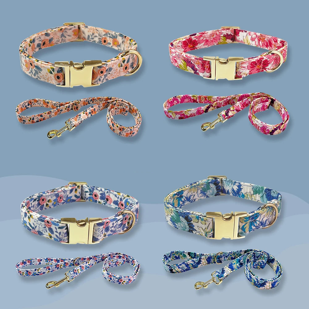 exklusivt blommigt halsbandsset med rosett och koppel för hund