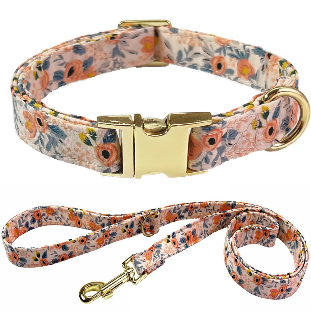 exklusivt blommigt halsbandsset med rosett och koppel för hund