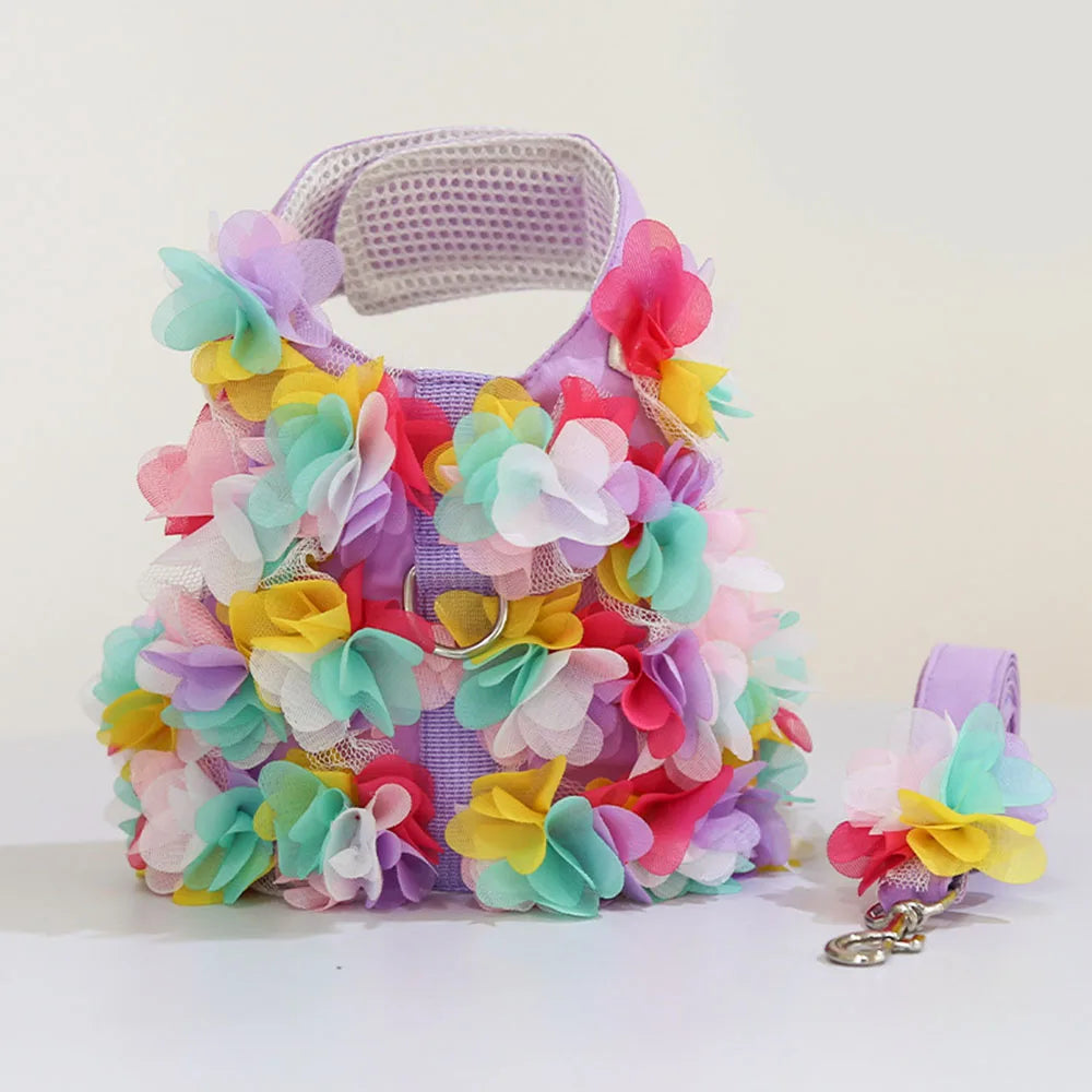 blommigt sele och koppelset för valp med vadderad mesh