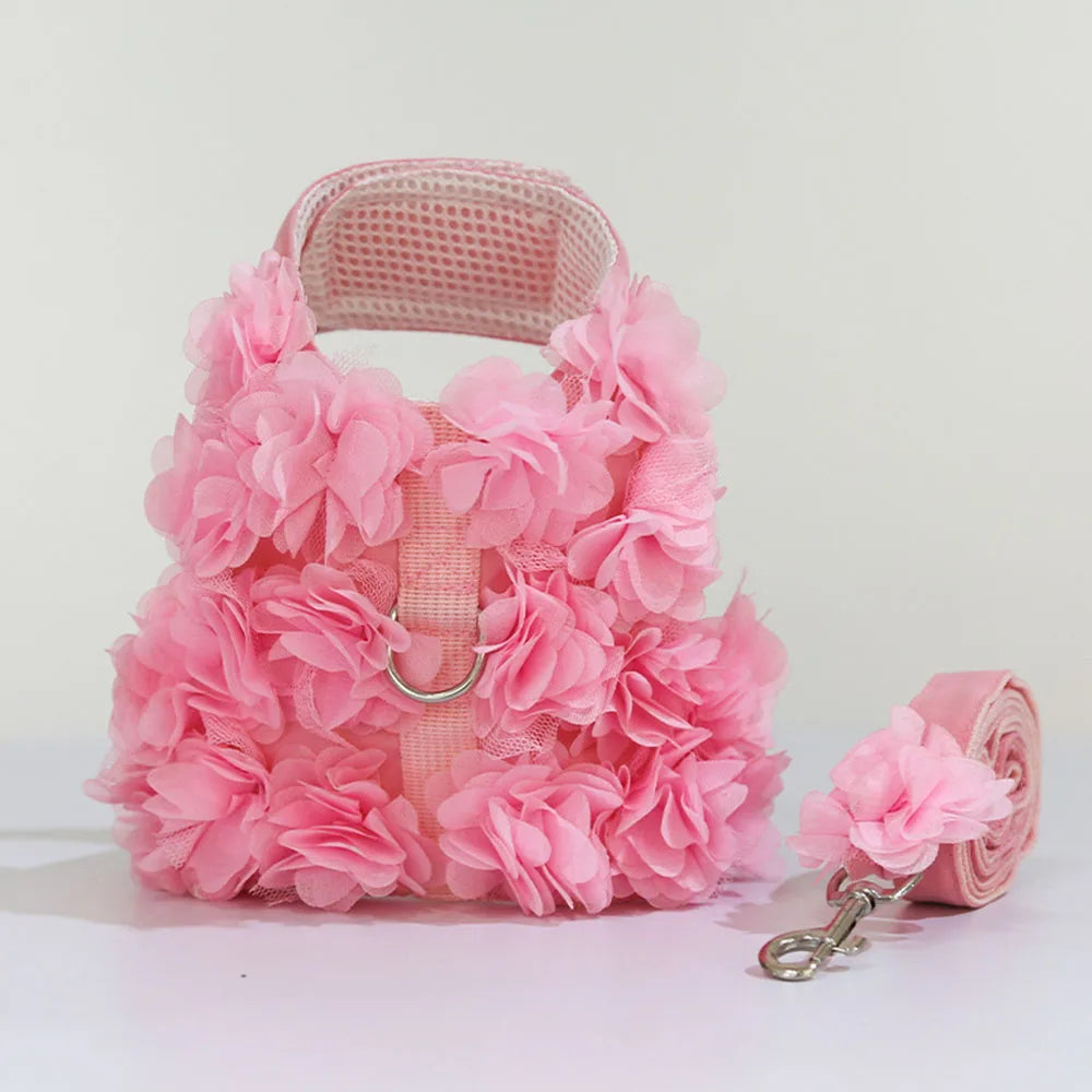 blommigt sele och koppelset för valp med vadderad mesh