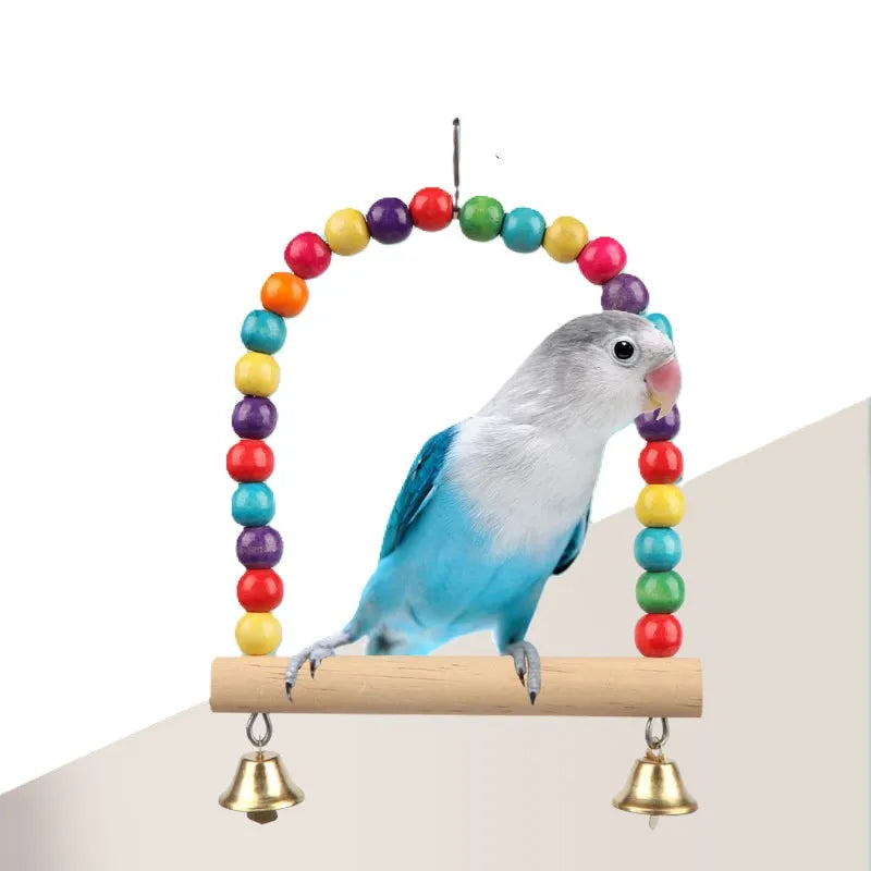 gungleksak i trä med stege och bjällra för fågelbur