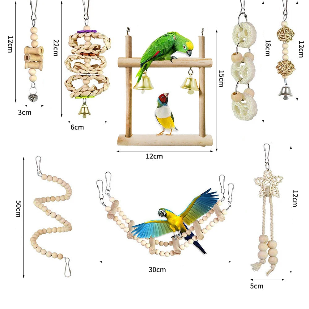 hängande träleksaker i set med bjällror för fågelbur