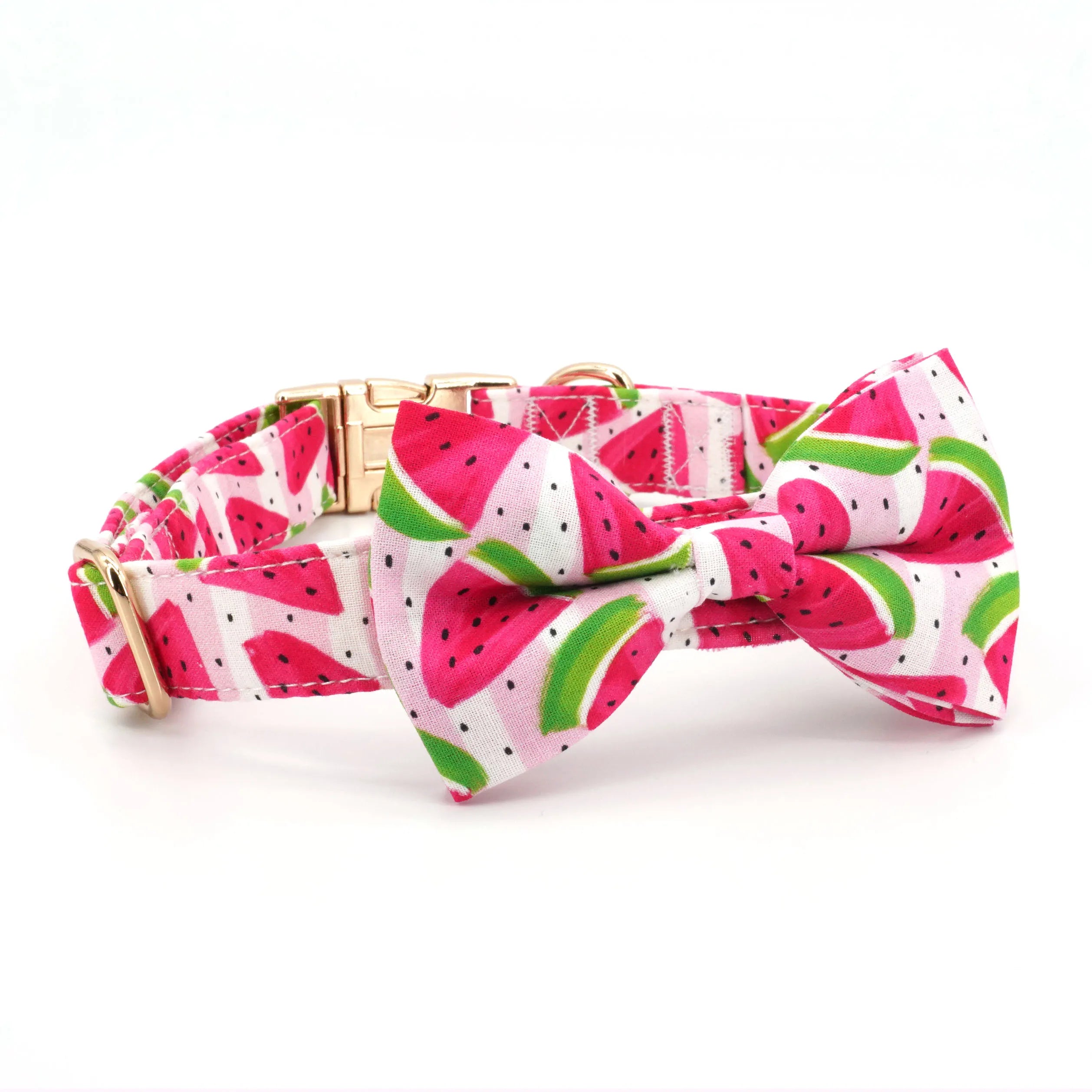 handgjort hundhalsband med rosett och matchande koppel i vattenmelonmönster