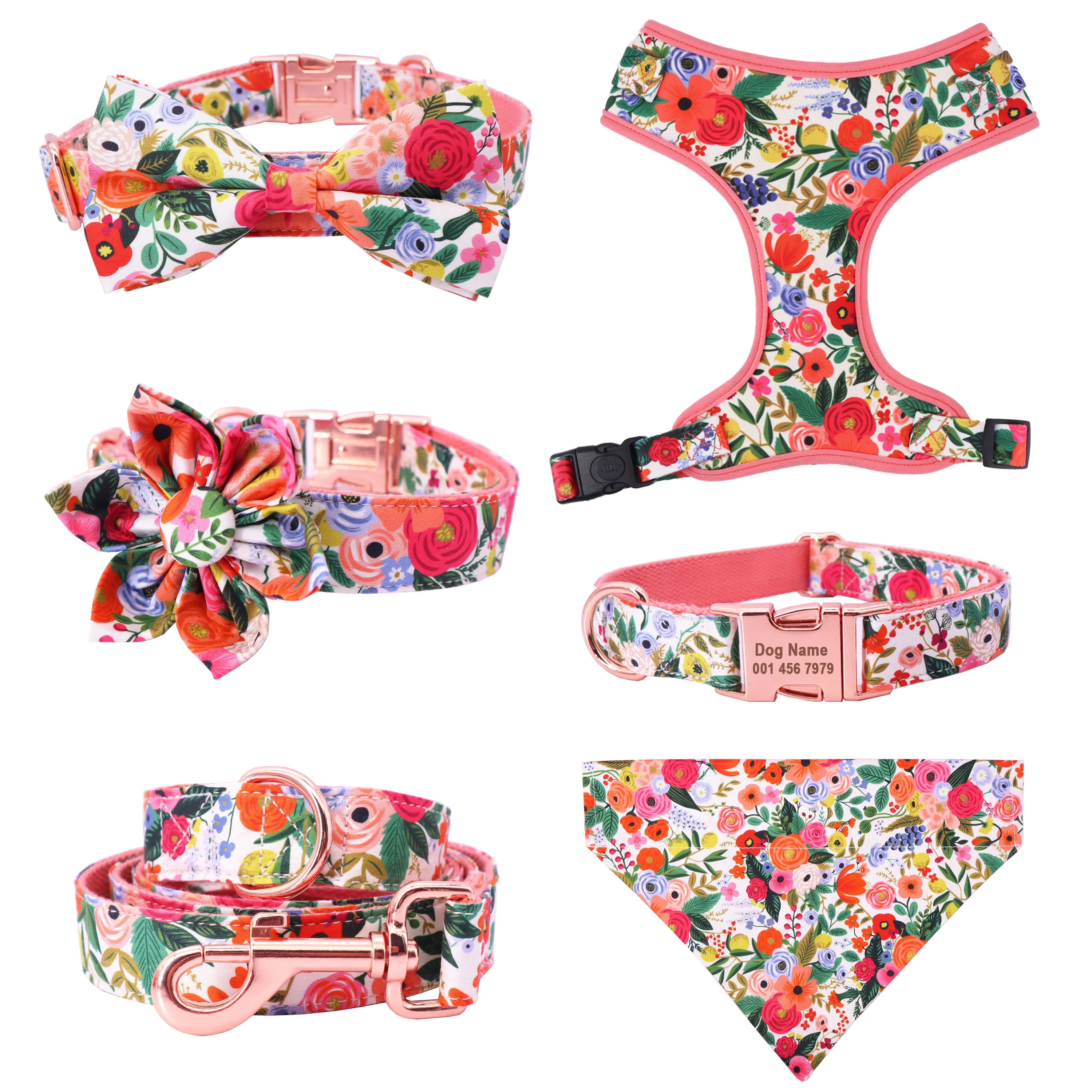 komplett handgjort hundset med sele halsband koppel bandana och blomrosett