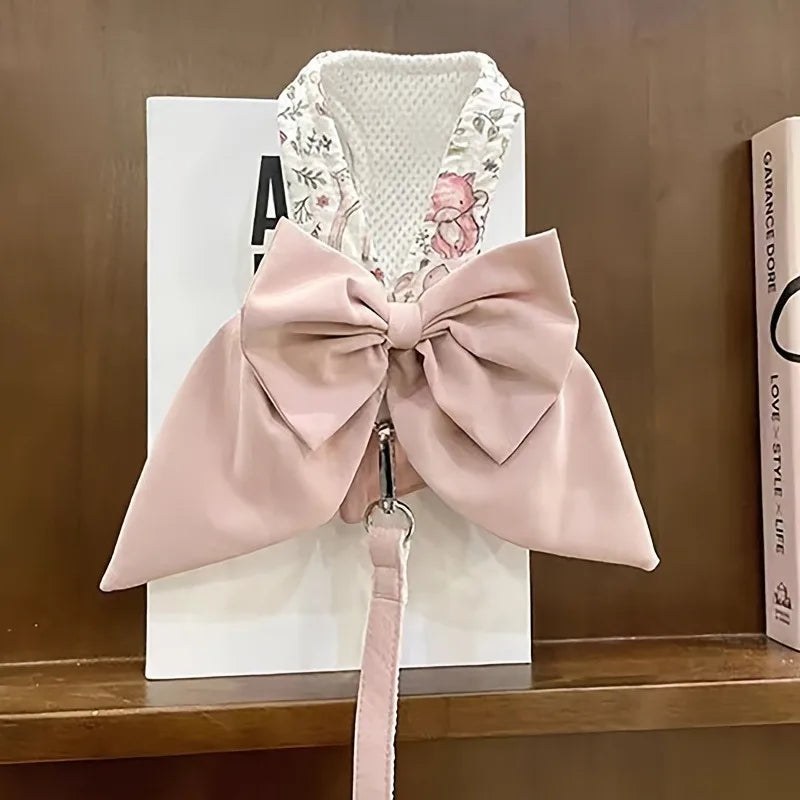 justerbart sele och koppel i blommigt mönster med rosett för hund och katt