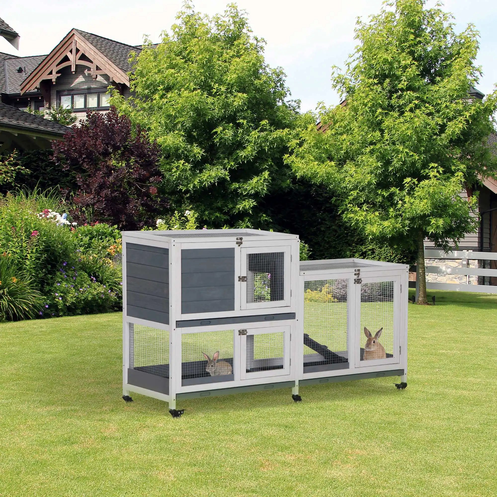 Utomhusbur till Kanin med Hus och Rastgård i Trä